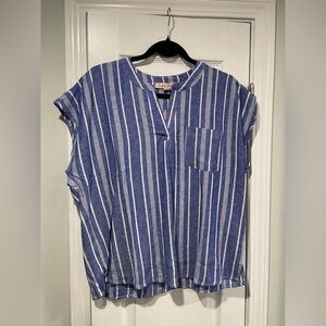 NWT Coastal Comfort Size M Blue Stripe Linen Blend Split Neck Short Sleeve Top